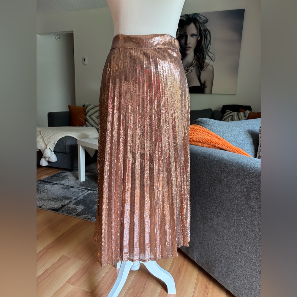 Urban Outfitters Rose Gold Pleated Sequin Maxi Skirt